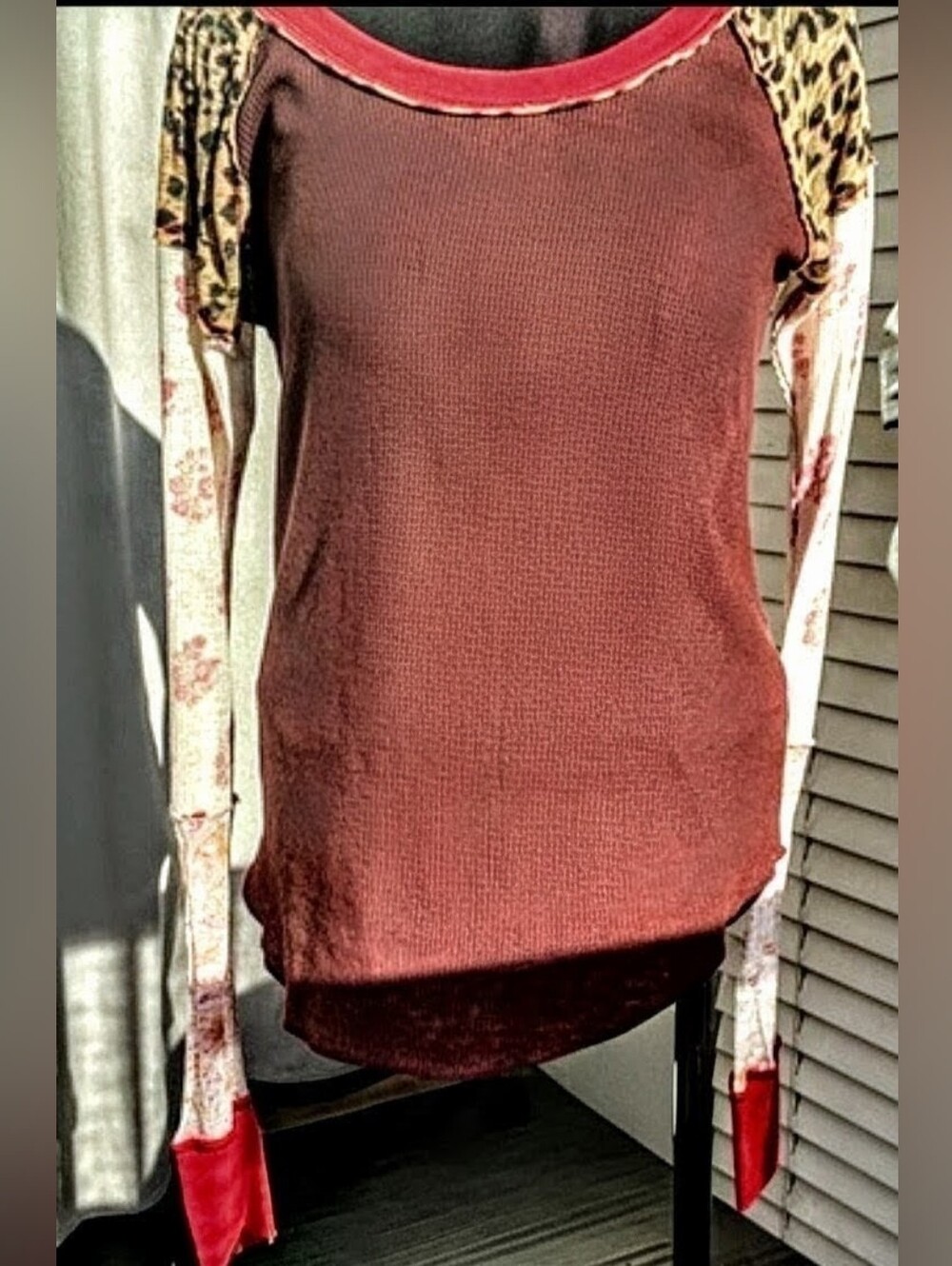 New Free People Brown Thermal Top with Floral Patchwork Long Sleeves Size LG